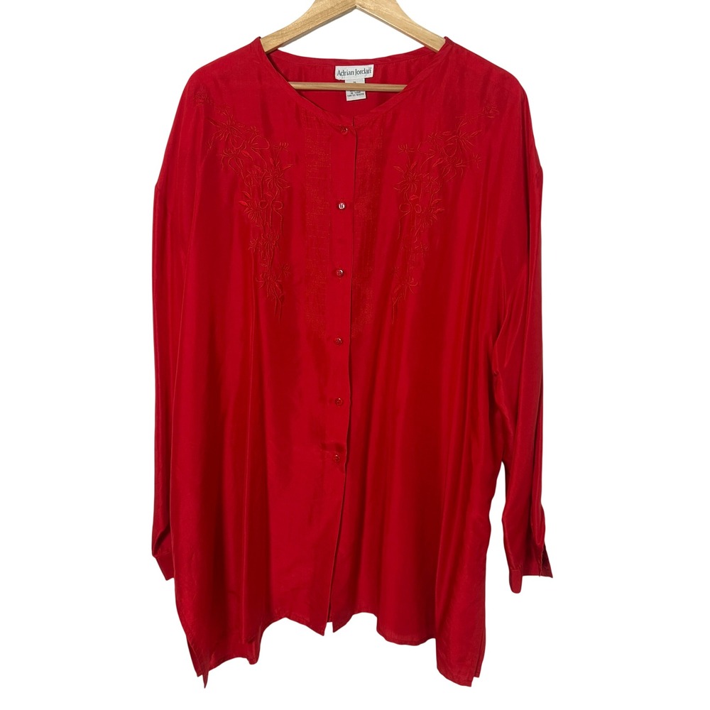 Adrian Jordan Silk Blouse Womens 26/28 Red Excellent Embroidered Button Up